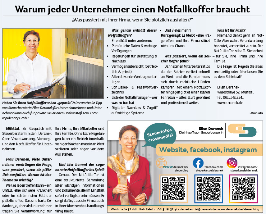 25-11-Notfallkoffer-Pressebericht Notfallkoffer für Unternehmen Pressebericht in der Novemberausgabe 2025 von Mühltalpost und Modaublick